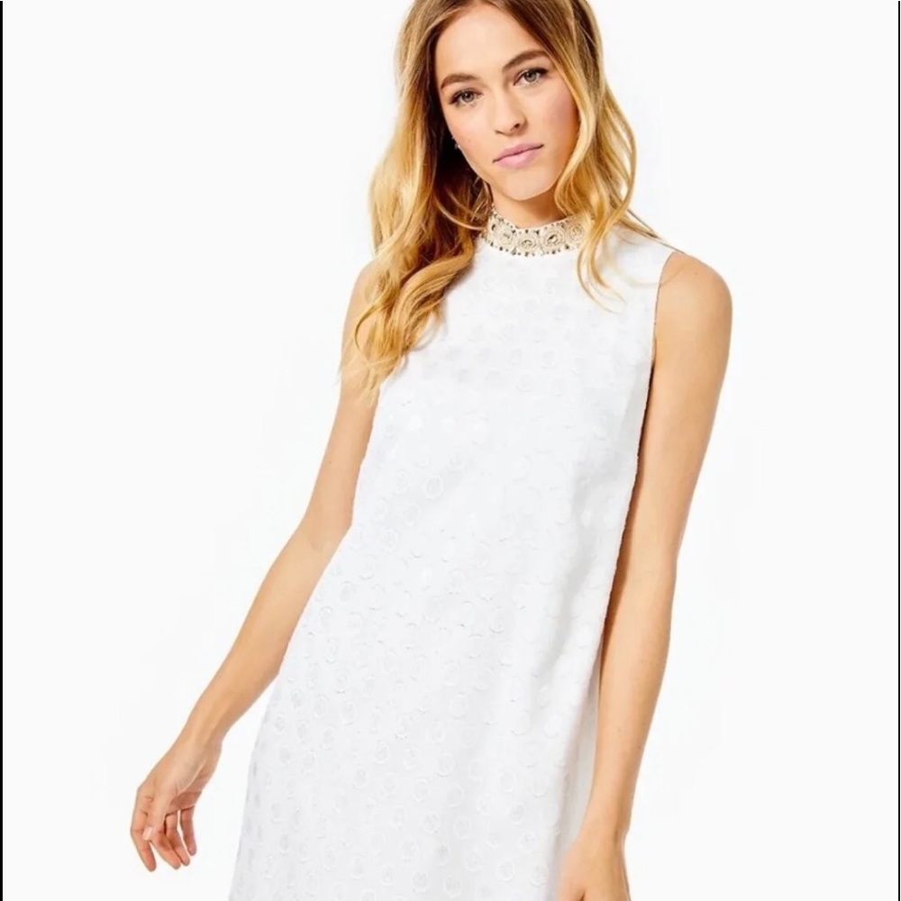 Lilly Pulitzer Brandi Shift Dress Resort White Foil Printed Polka Dot size 12